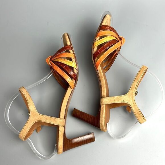 NWOB RIVECOUR Strappy Heeled Sandals Leather Suede Orange Yellow Brown 36 US 5 - Picture 6 of 15